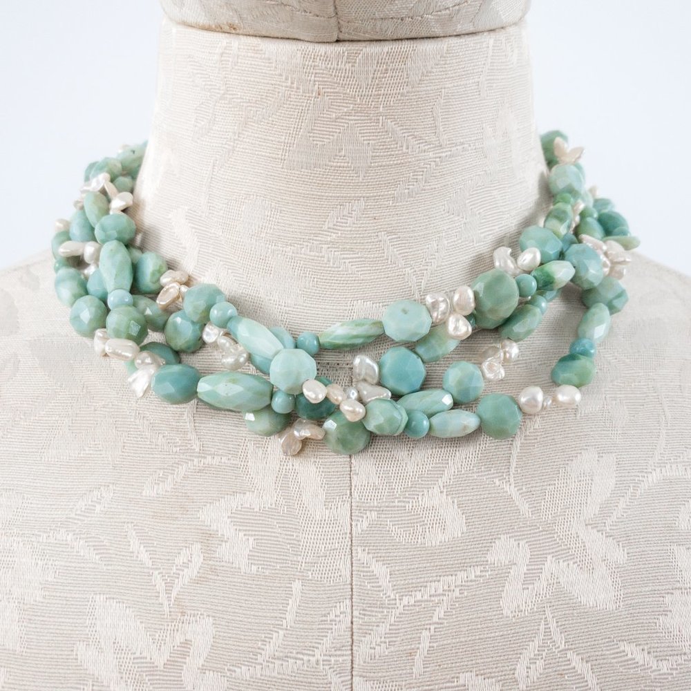 Real Quartz & Pearl Multi-strand Necklace Chunky Choker Green Blue